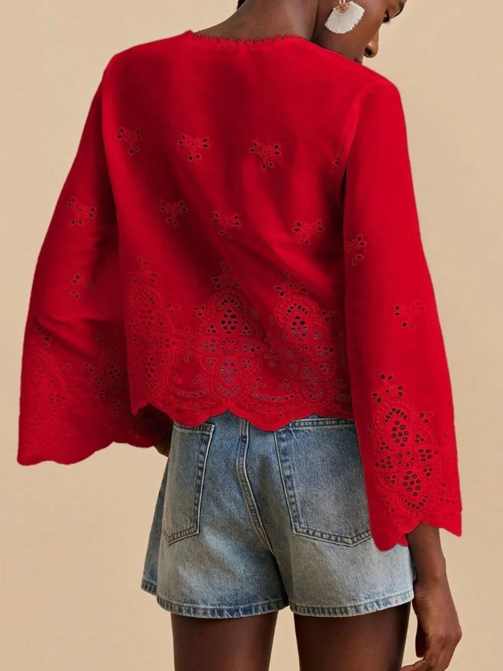 Red Casual Women's Deep V Neck Woven Blouse With Flare Sleeves